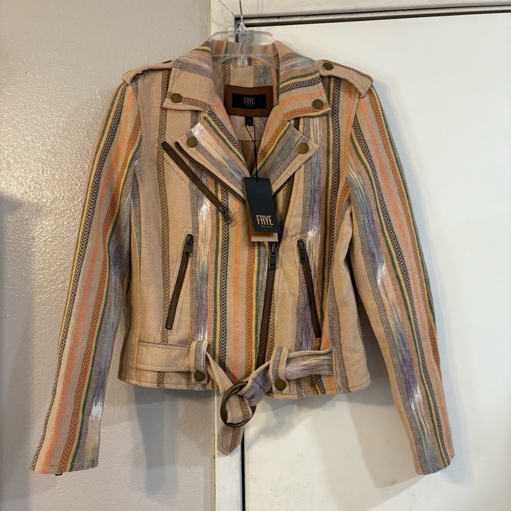 Frye Carly Stripe Print Burlap Ikat Jacket Moto Boho Brass Ring Edgy Cool Biker